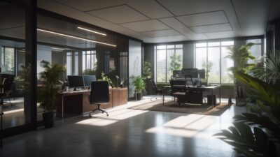 Corporate office interior modern and clean design. Generative AI AIG18.